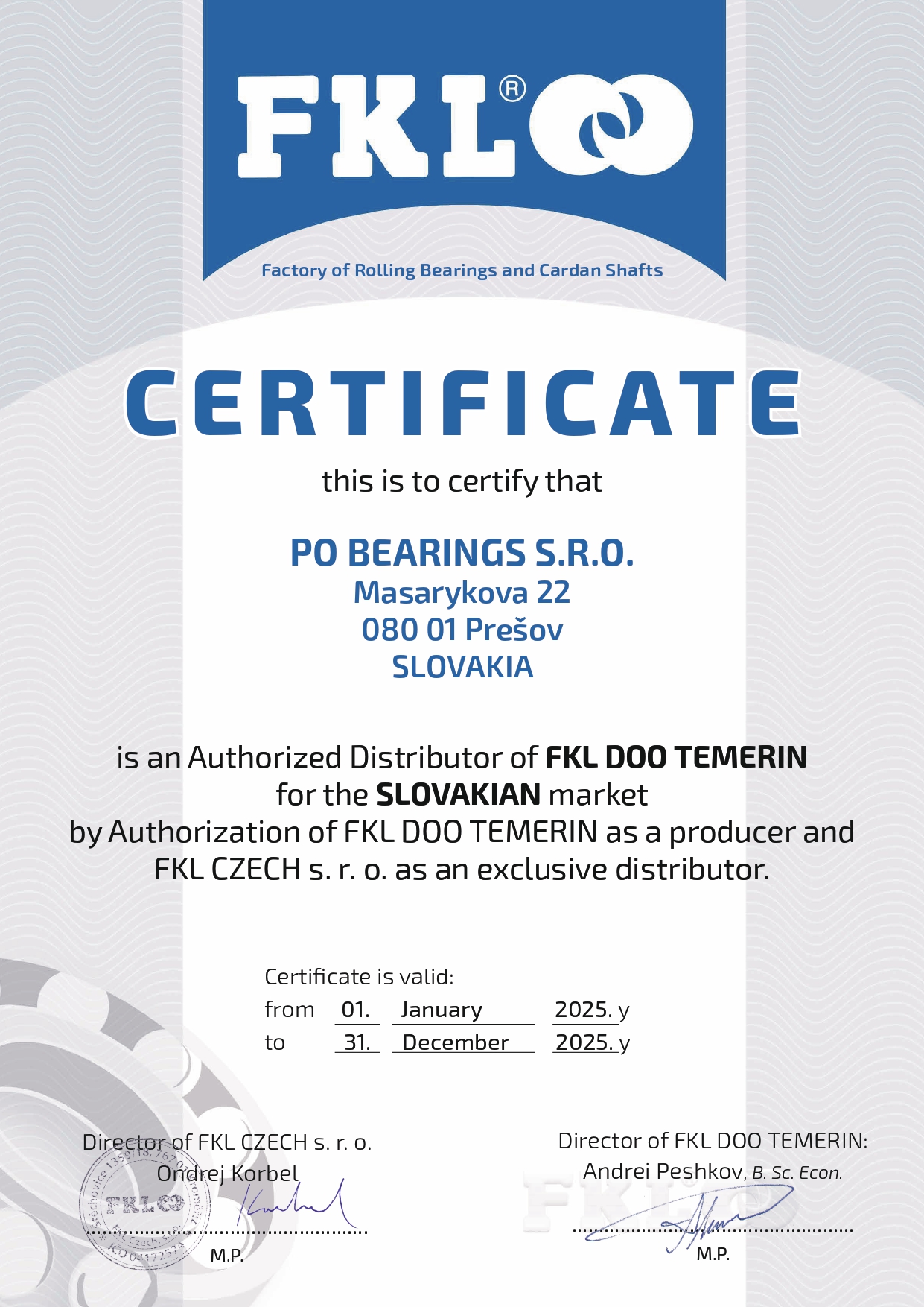 PO BEARINGS certification